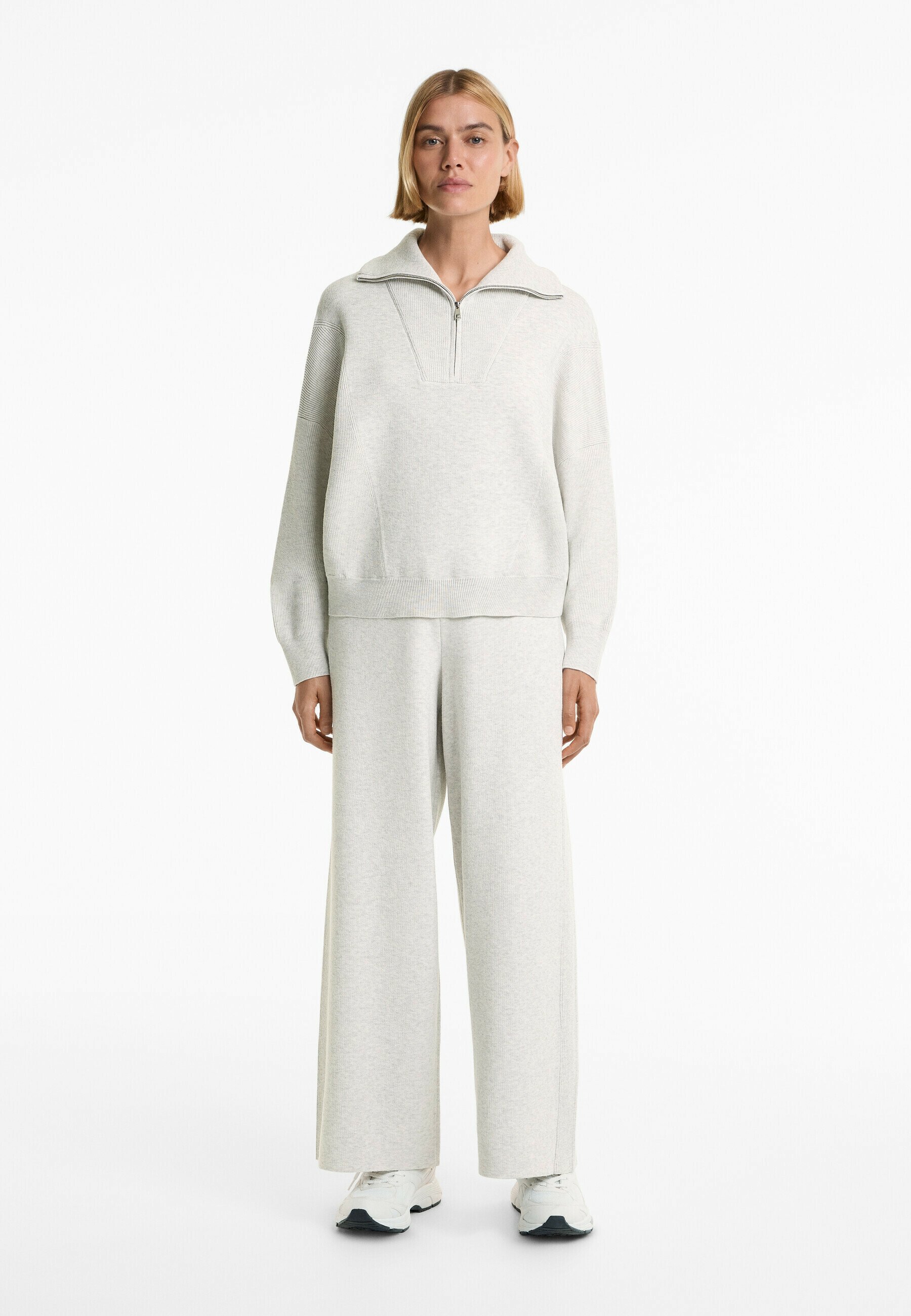 Maglione OYSHO a coste con mezza zip - grigio chiaro screziato