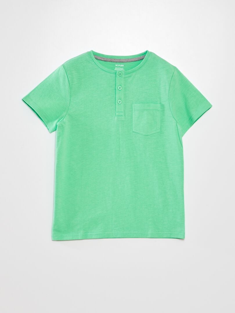 Camiseta de malha com gola abotoada - VERDE