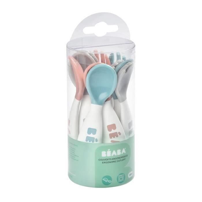 BÉABA, Set di posate ergonomiche per neonati, 6 cucchiai e 4 forchette, manici corti e arrotondati, facile impugnatura per il bambino.