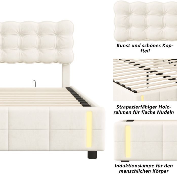Letto matrimoniale 140x190 - PERGAR - Velluto beige - Letto contenitore - Illuminazione a LED - 2 posti