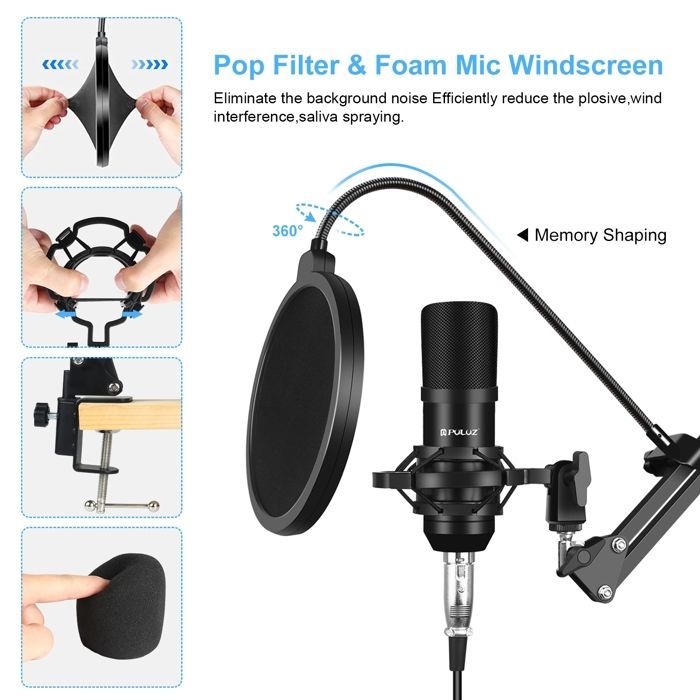 Microphone studio à condensateur kit complet avec bras suspension carte son USB noir