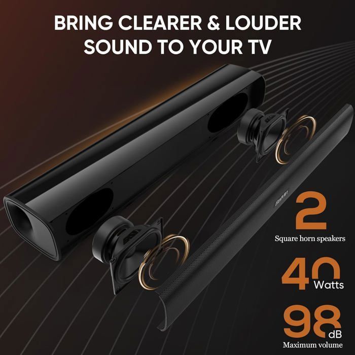 Saiyin Small Soundbar with 60W Peak Power, Bluetooth 5.3/Optical/AUX Connection for 17-inch TVs