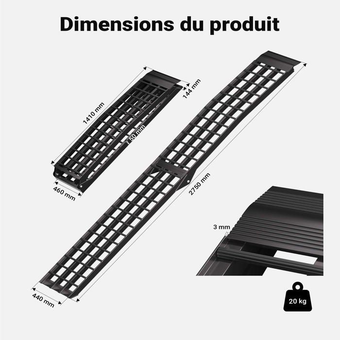 Rampa de carga plegable Wiltec 2740 x 450 mm – Capacidad de carga máxima 680 kg – Aluminio – Perfil de diamante – Rampa de acceso
