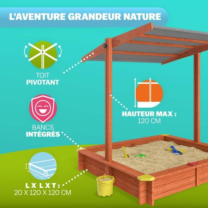 Caixa de areia Spielwerk SAMI 120x120cm em madeira de abeto com cobertura ajustável e proteção UV para brincadeiras infantis ao ar livre no jardim.