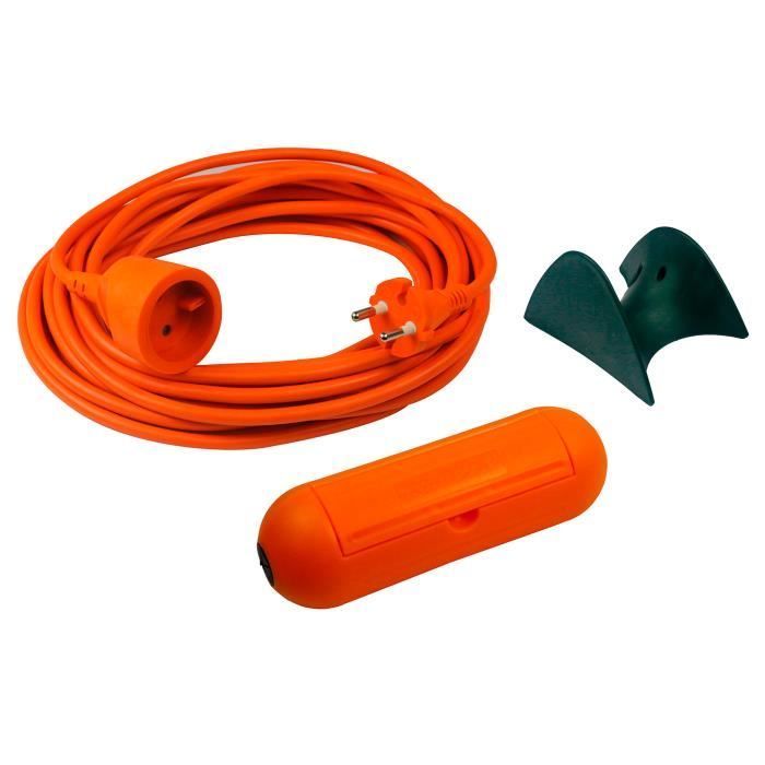 Cable alargador para jardín 2x1,5 mm² 25 m + 1 caja impermeable + soporte de pared - Naranja - Zenitech