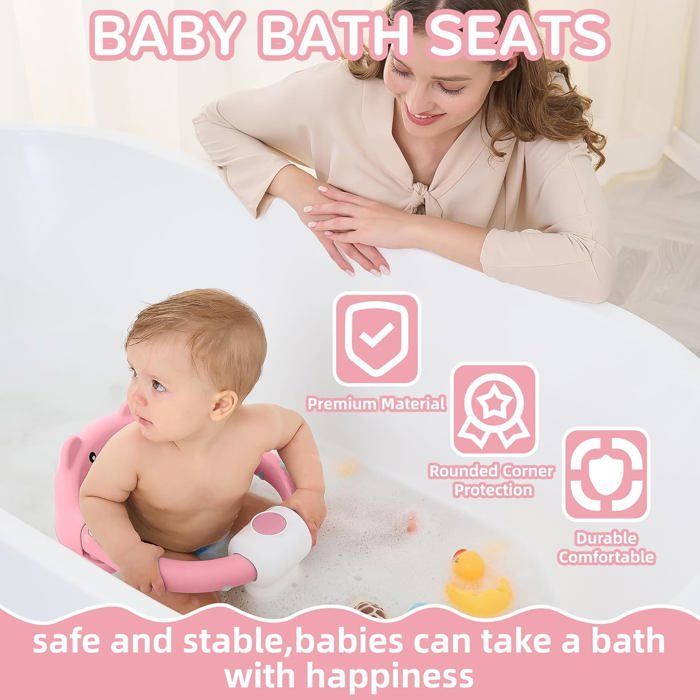 Cadeira de Banho para Bebê a partir de 6 Meses, Antiderrapante, com 4 Ventosas e Almofada, Rosa