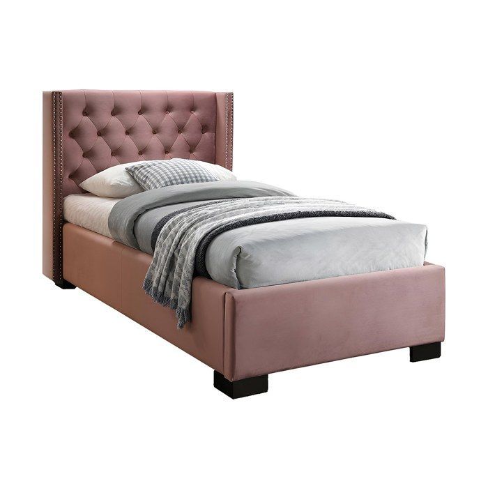 Cama com cabeceira estofada - 90 x 200 cm - Veludo rosa - MASSIMO II