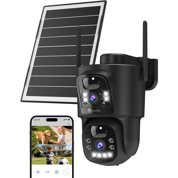 Outdoor Solar WiFi Dual Lens Security Camera, PTZ with PIR Human Detection, 8W Solar Panel & 10400mAh Battery