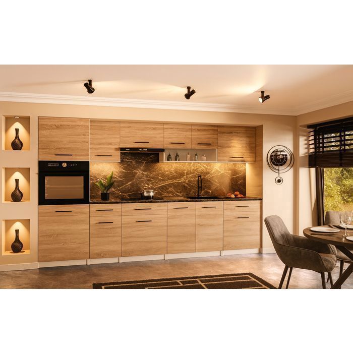 Cuisine complète VIKI BOIS chêne 300 cm avec colonne four 9 éléments 18 mm