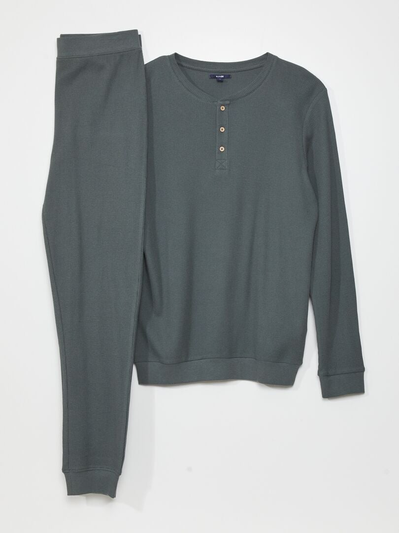 Lange tweedelige pyjama van gebreide stof met reliëf - KHAKI