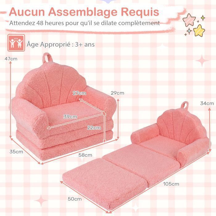 Canapé pour Enfants Pliable COSTWAY Convertible 2-en-1 avec Motifs de Coquillages, Poignée Légère, Base Anti-Dérapante, Rose