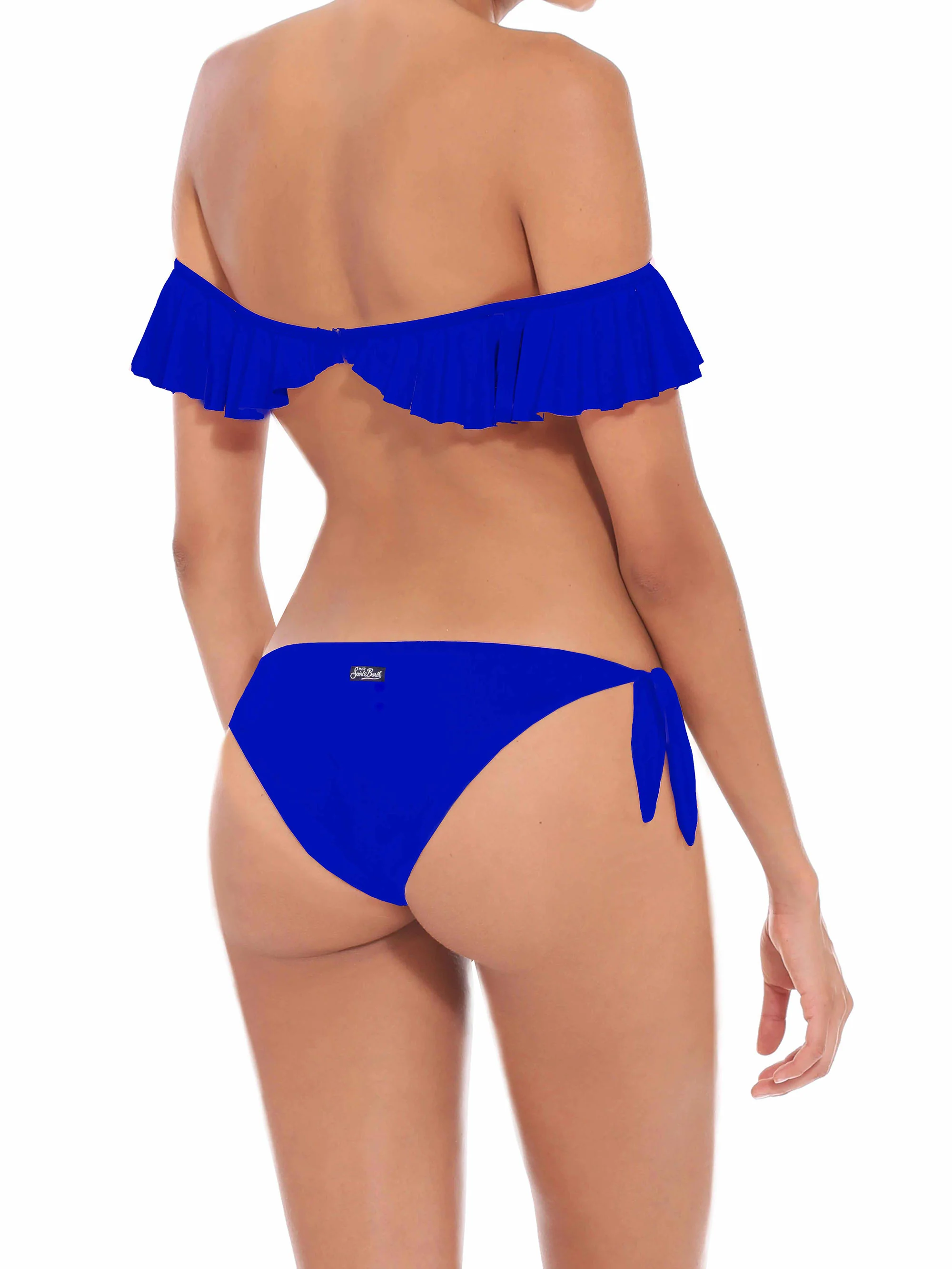 Blauwe bikini met ruches en blote schouders