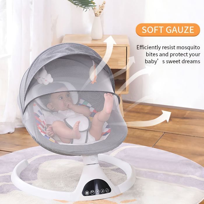Balancelle bébé avec 5 vitesses de balancement, balançoire électrique bébé avec télécommande et minuterie musicale Bluetooth