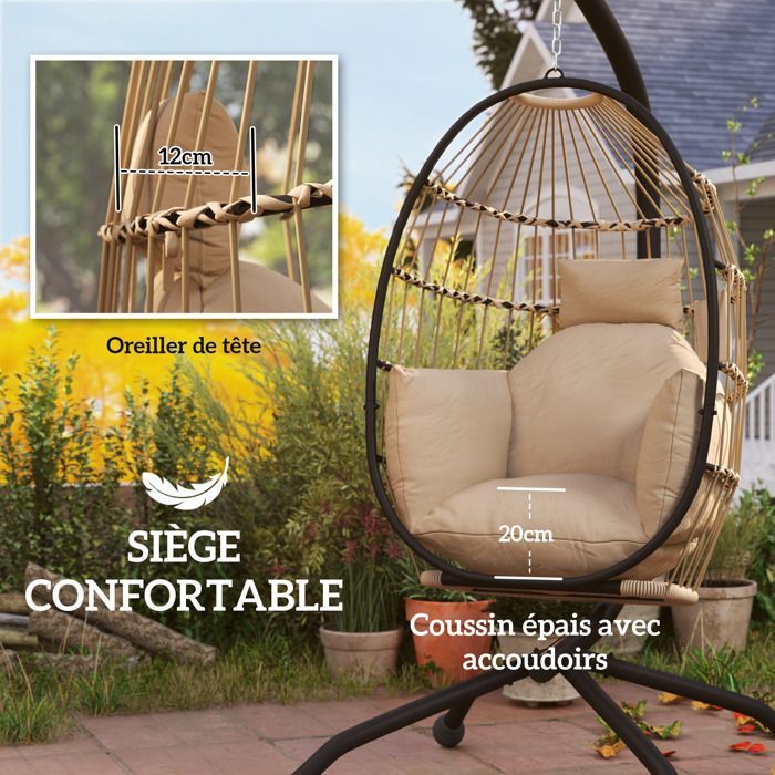 Silla colgante tipo huevo - Outsunny - interior y exterior - cesta plegable - cojín acolchado - estructura de acero - beige