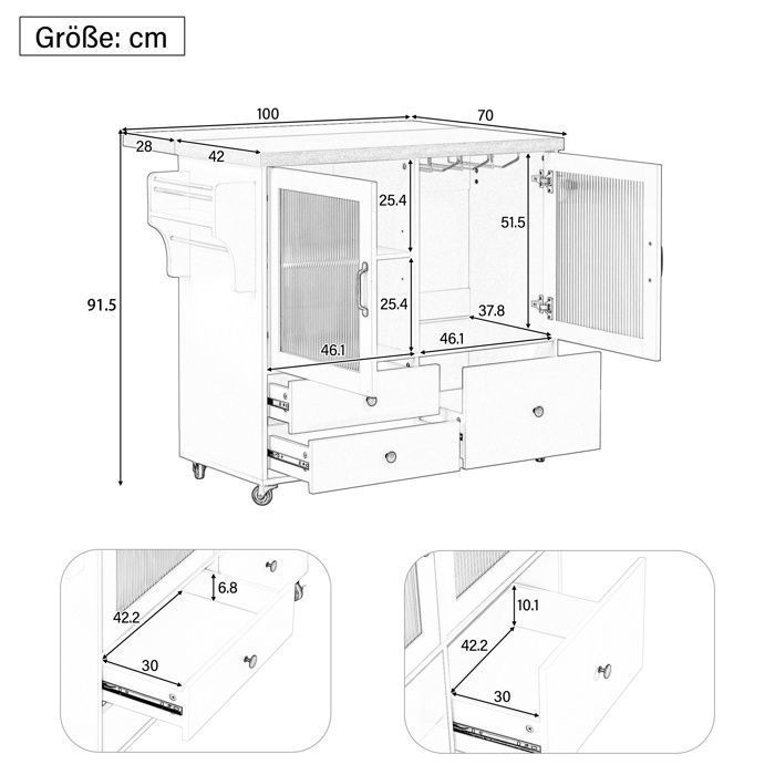 Keukeneiland met neerklapbaar werkblad - Luonians - 100 × 42 (70) × 91,5 cm, met 3 lades en 2 deuren - Wit