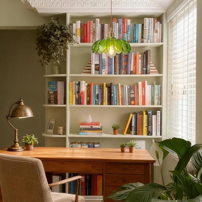 iDEGU Lustre Vintage Vert,Lampe de Plafond Vintage Abat-jour en Verre Design Fleurs E27 Suspension Luminaire Style Nordique,25cm