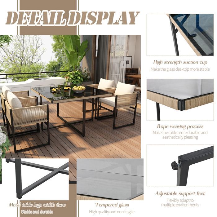 Conjunto de mesa y sillas de jardín - 4 plazas - 1 mesa y 6 sillas decoradas con cuerda - Beige