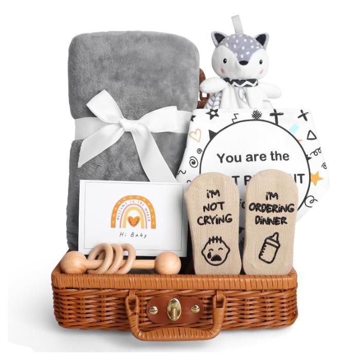 Cesto regalo per neonato, regali per baby shower, set regalo 7 in 1 per neonati, con coperte, sciarpa ed etichetta.