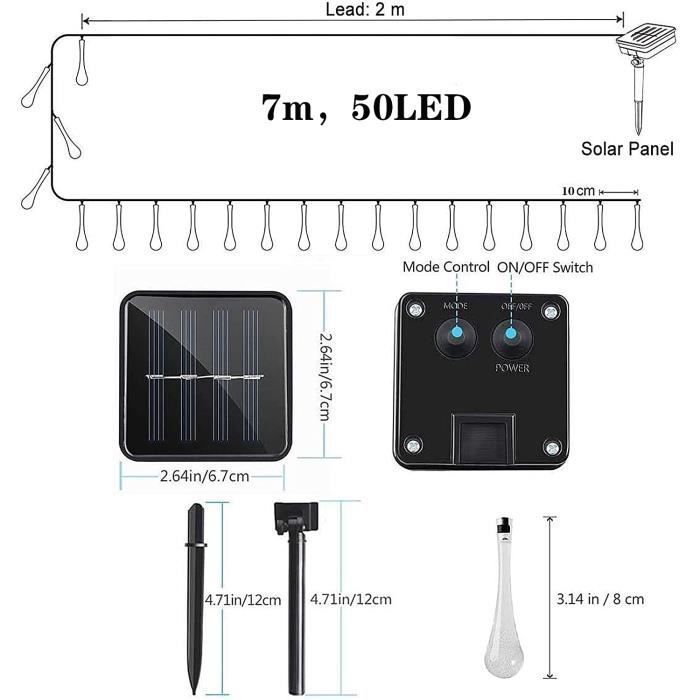 Guirnalda de luces solares en forma de lágrima de 7 m con 50 LED, 8 modos, resistente al agua para exteriores, ideal para fiestas en el jardín, Navidad, etc. (Color)