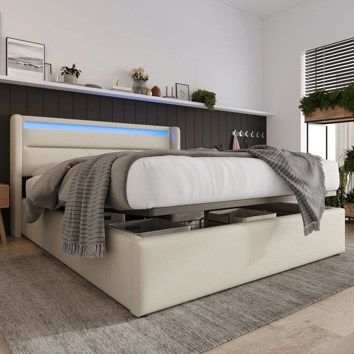 Opbergbed, LED-bed, bed van 140x190 cm met lattenbodem, eenpersoonsbed met witte synthetische bekleding en matras