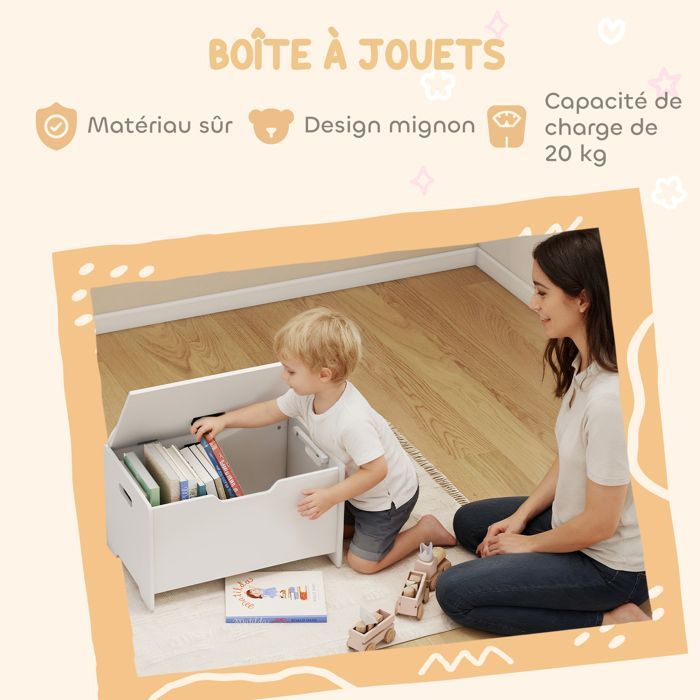 Coffre à jouet - AIYAPLAY - couvercle rabattable - forme d'ours - pour filles garçons de 3 à 8 ans - MDF - 60 x 38 x 48 cm - blanc