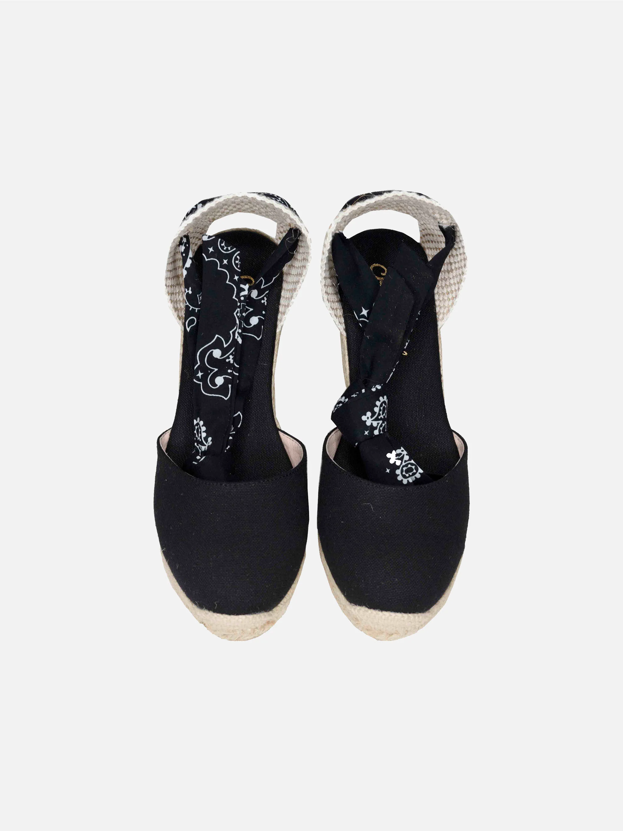 Espadrillas nere in tela stampata con zeppa alta e laccio alla cavigli