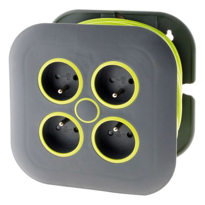 4 x 2P+E 16A carrete de cable doméstico con disyuntor - 7m - Verde - Zenitech