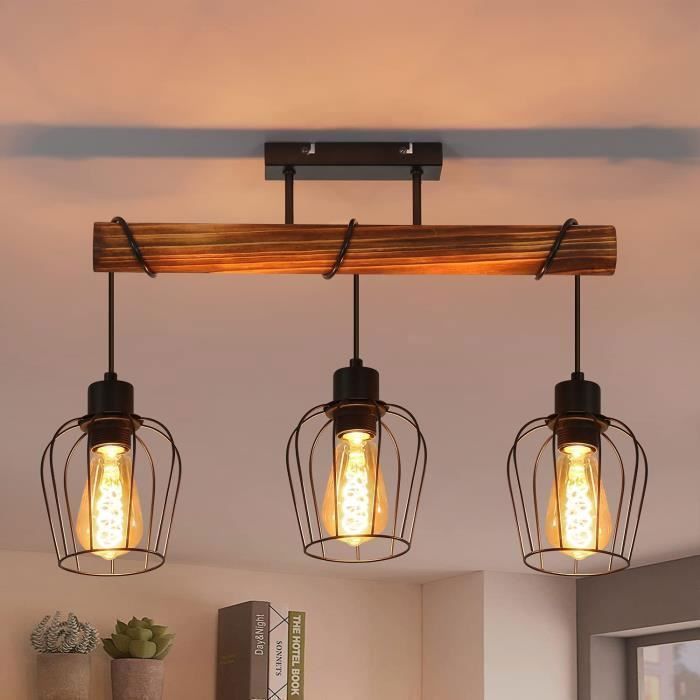 Lámpara de techo Homefire 3x E27 Vintage de madera - Metal y madera - Altura regulable - 52*13*43cm - Negra