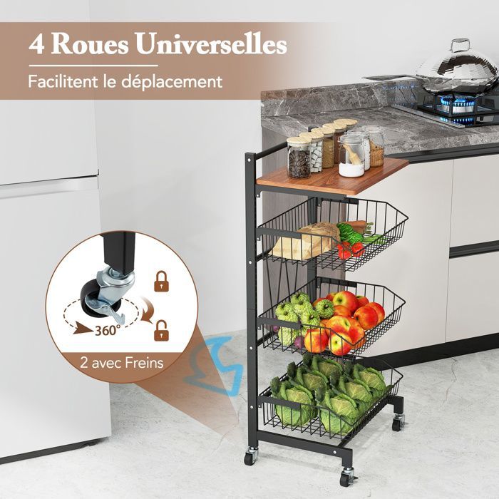 Carrito de servicio COSTWAY de 4 niveles con 3 cestas extraíbles, altura ajustable, carrito de cocina rodante para frutas y verduras.