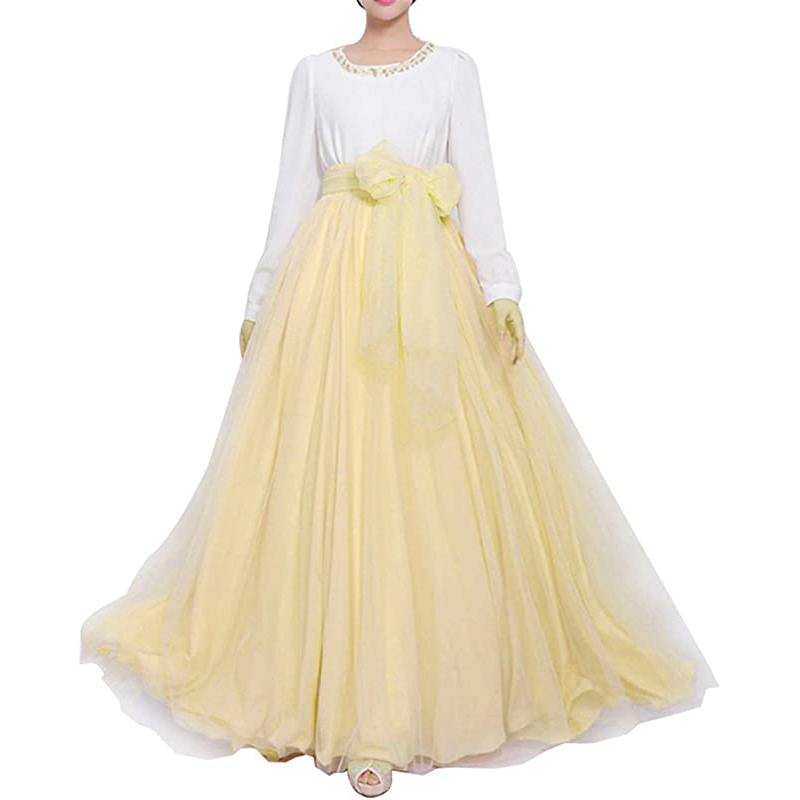 Jupe longue maxi bouffante en tulle pour femme, coupe trapèze, ceinture à nœud papillon, taille haute, idéale pour une soirée de mariage.