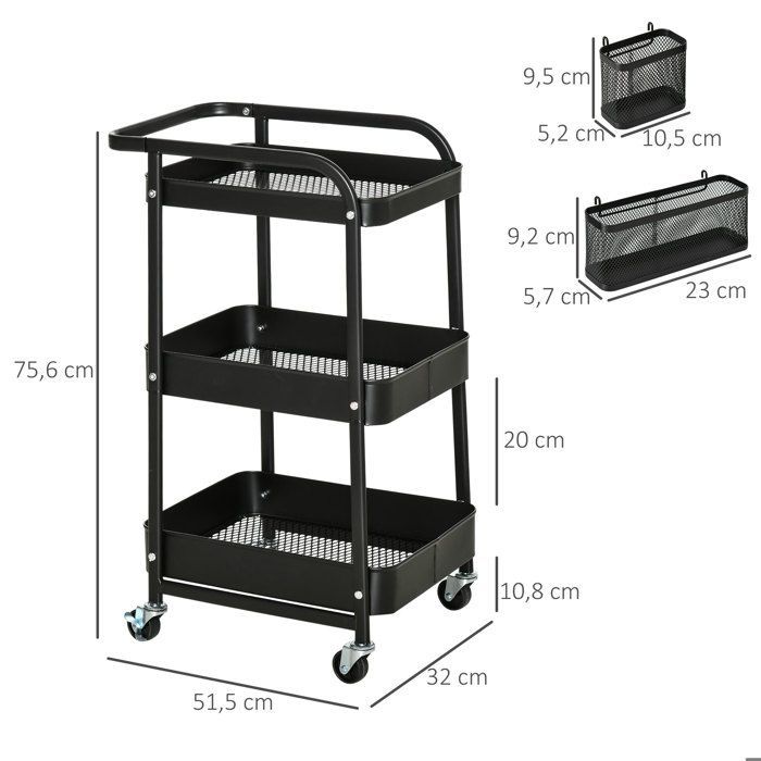 Chariot de rangement - desserte service - HOMCOM - roulettes 3 niveaux 2 range-couverts - métal - 51,5x32x75,6cm - noir