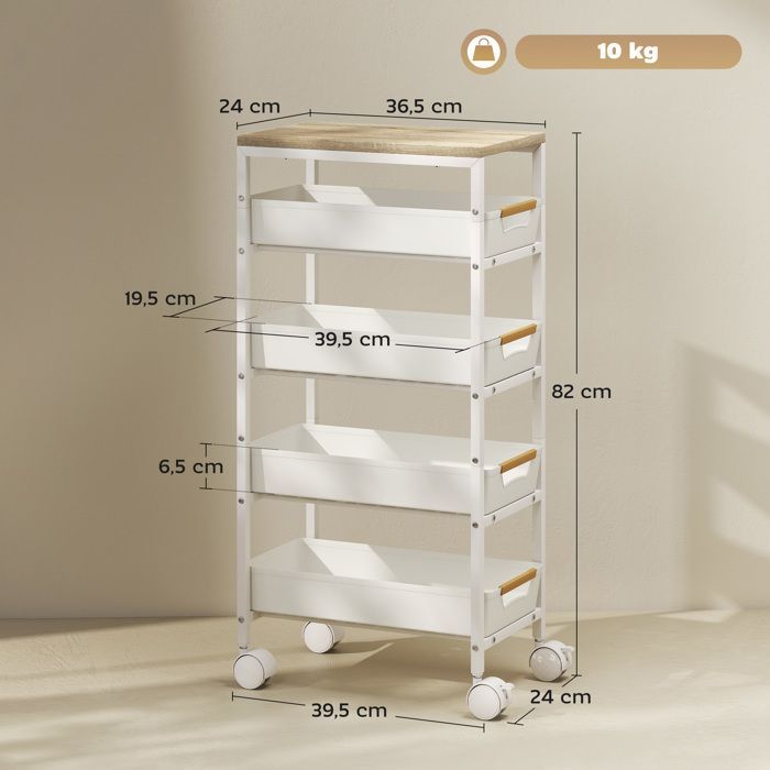 Carrito de cocina - HOMCOM - con ruedas - 5 estantes - 4 cajones deslizantes y estante de almacenamiento - blanco