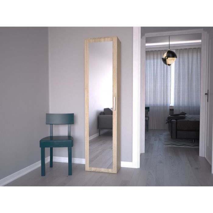 ATARA | Armoire d’entrée avec grand miroir | 180x50x35 cm | Deux étagères + porte-cintres | Meuble d’entrée