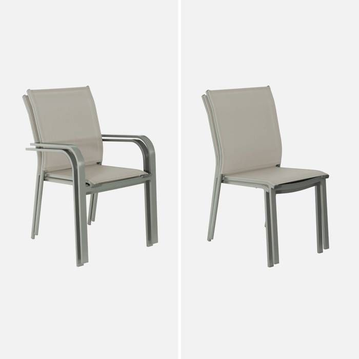 Table de jardin extensible aluminium + 10 assises aluminium et textilène kaki. 8 chaises. 2 fauteuils. 10 places. 290 x 100 x 75