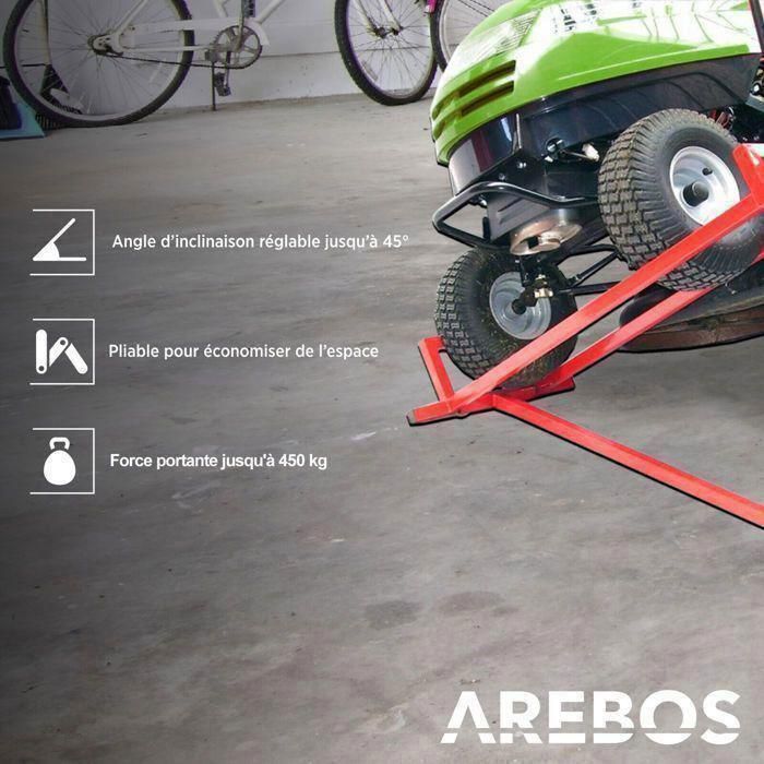 AREBOS plentraktorløfter 450 kg – justerbar høyde, sammenleggbar, vinkel opptil 45°, robust stål, for gressklippere og firhjulinger