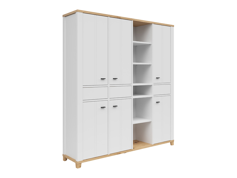 Regał Hygge 180 cm z drzwiami i szufladami biały/dąb artisan