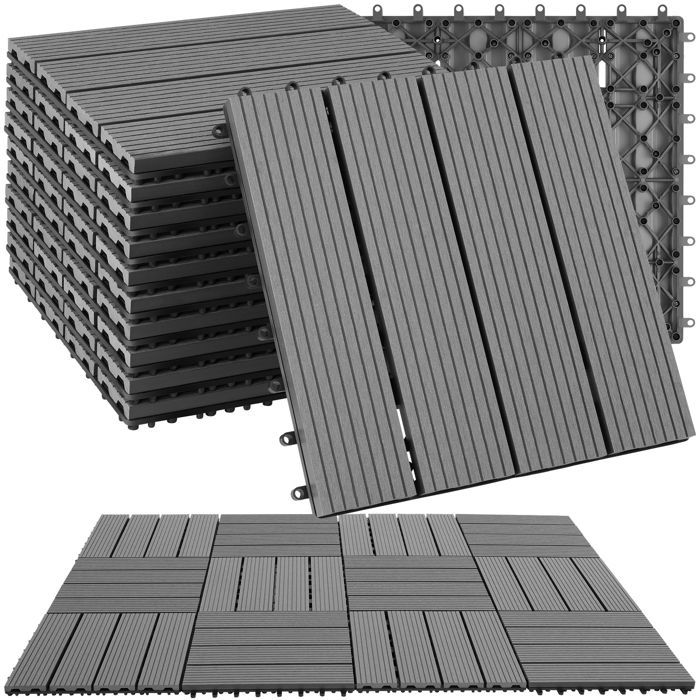 Terrassenfliesen – TECTAKE – Set mit 11 TEGULAS Terrassenfliesen in WPC-Holzoptik – Grau