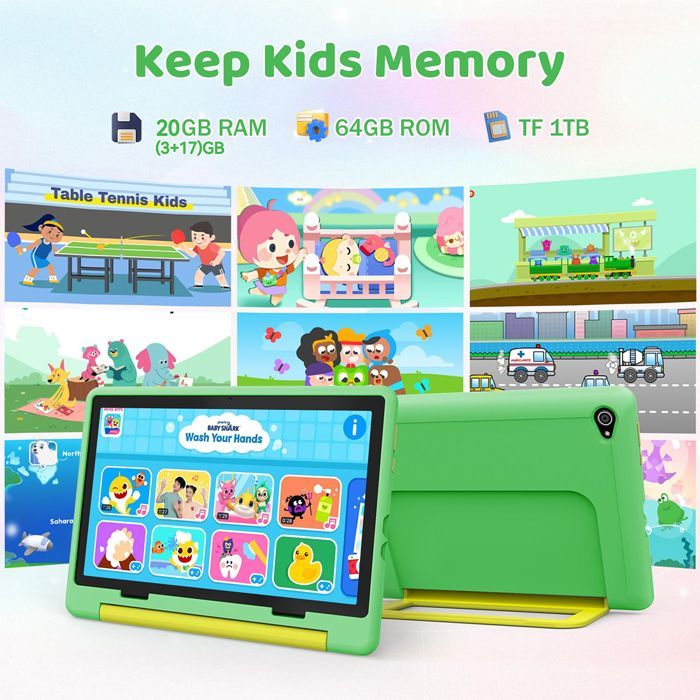 Tablette pour Enfants Éducative, 20(3+17)Go RAM, 64Go + 1 To Extensible, Écran HD, avec Kid-Proof Étui Vert et Sac d'ordinateur Bleu