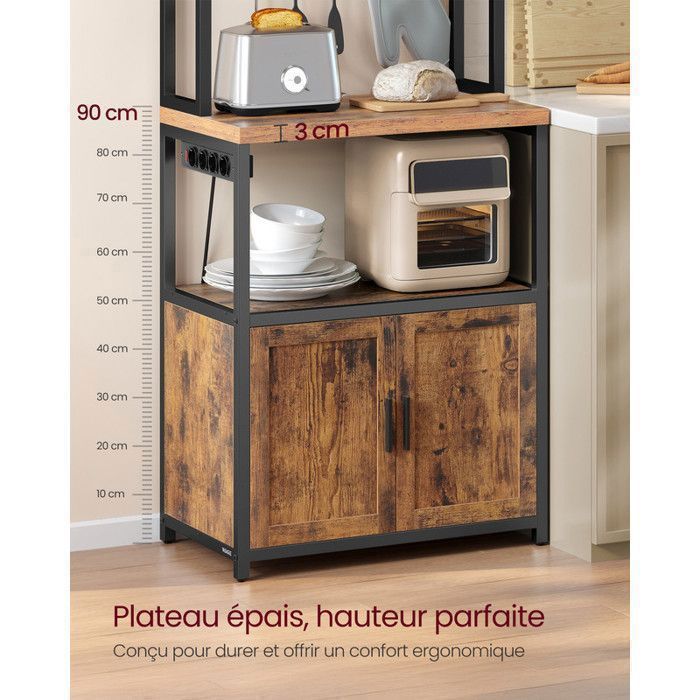 Kitchen Trolley with Power Strip, 8 Hooks, 40 x 60 x 170 cm, Rustic Brown and Ink Black