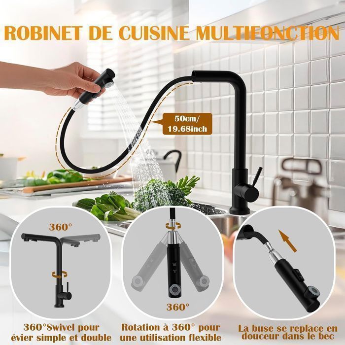 Miscelatore da cucina nero estensibile con doccetta estraibile a 2 modalità di getto, girevole a 360°, acqua calda e fredda.