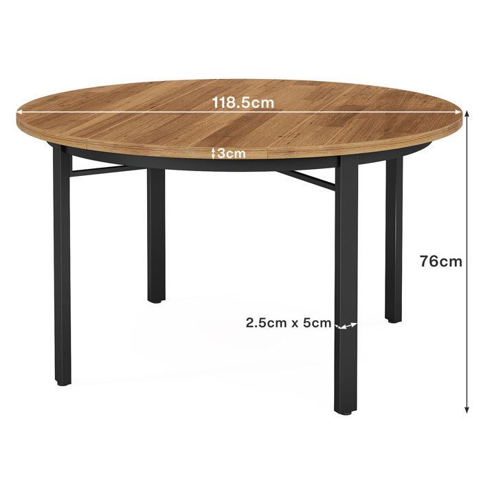 Round Dining Table, Little Tree, 118.5×118.5×76 cm, Kitchen Table with Solid Metal Legs for 4 to 6 People, Brown