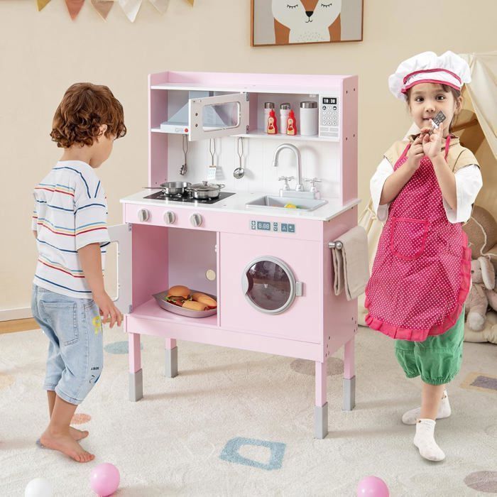 COSTWAY Cuisine pour Enfants 3 Ans+ en Bois - 5 Accessoires, Effect Sons et Lumières avec Téléphone, Rose
