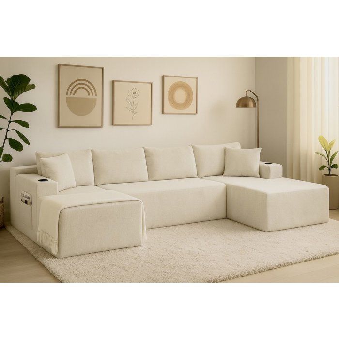 Sofá modular comprimido - 4 plazas - ROGER - Tapizado en tela color crema beige - Almacenamiento y portavasos - 339 x 168 x 84 cm
