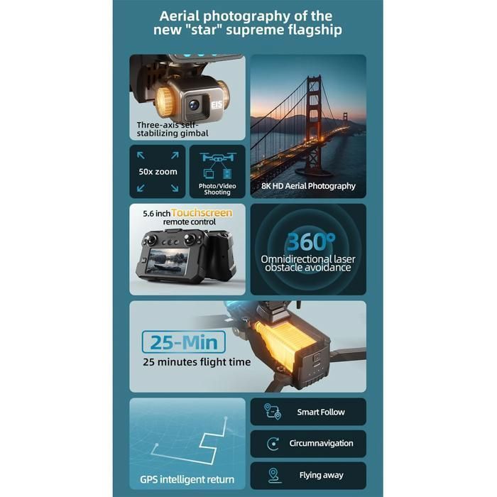 Dron, 8K, zoom 50X, lente gran angular, evasión de obstáculos, pantalla táctil, doble batería, apto para principiantes.