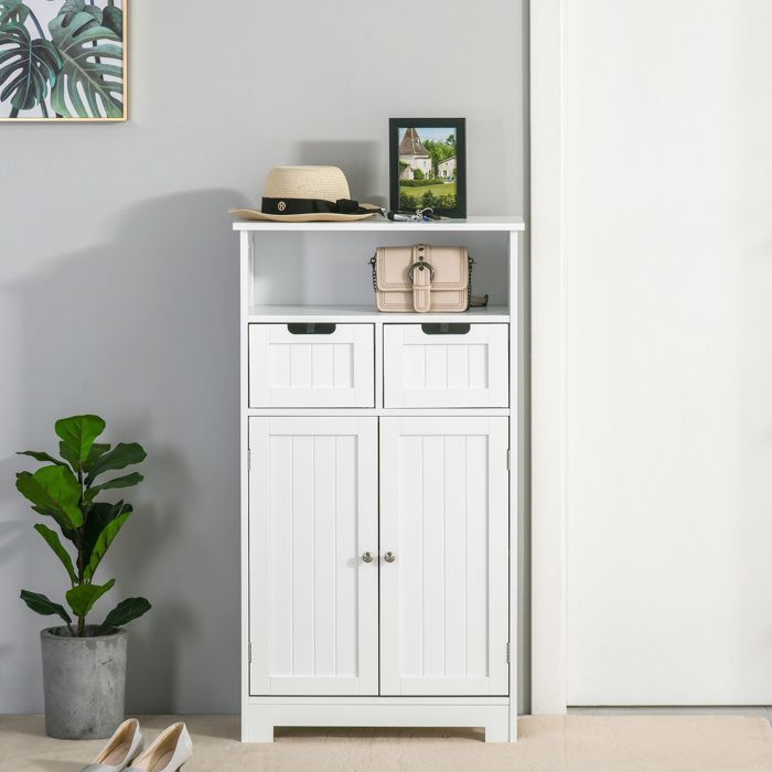Badkamerkastje - Kleankin - opbergmeubel met 2 lades, nis, kastdeur en plank - hout - 60x30x109cm - wit