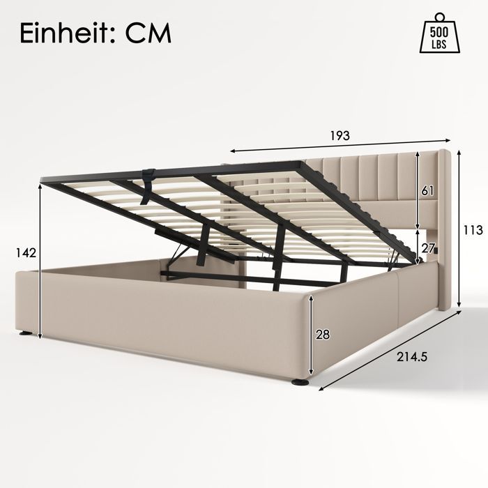 Lit Coffre Adult - 180x200 cm - Tête de Lit Rembourrée - Sommier Relevable Hydraulique Lit Double avec Rangement - Tissu Lin Beige