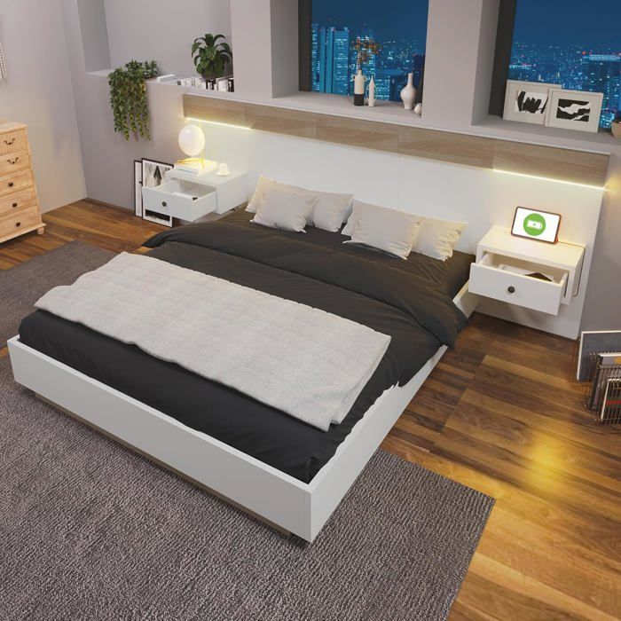 NEW-Lit double lit adulte 160x200 cm avec 2 tables de chevet LED et interface USB-C, bois, blanc et chên CHAMBRE A COUCHER COMPLETE