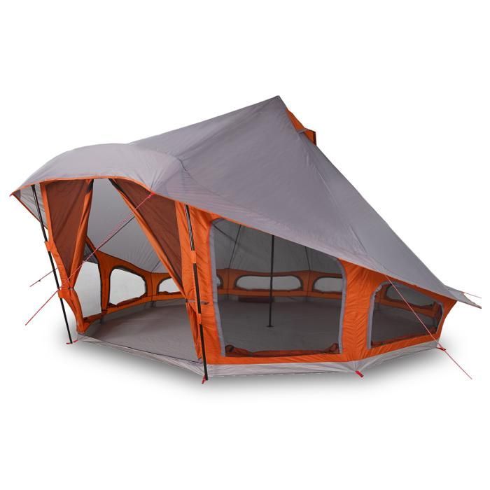 Tienda de campaña familiar tipo tipi para 10 personas, impermeable, gris y naranja.