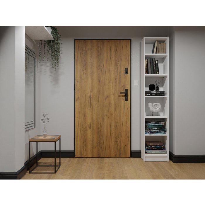 Puerta frontal de acero macizo de 207 x 100 cm (alto x ancho) - Efecto roble con vetas negras - 55 mm de espesor - Apertura a la derecha - COBRITA