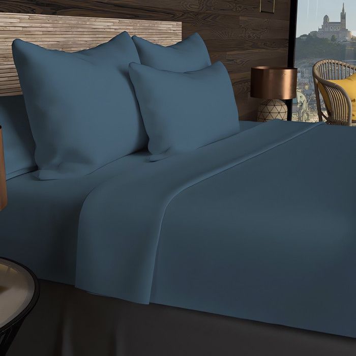 Lençol de cima em algodão com 57 fios, 180x290 cm, azul-pato liso, da Soleil d'ocre